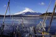 湖の縁の氷と寒い富士山