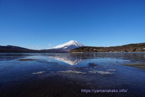 湖畔の氷の間に逆さ富士