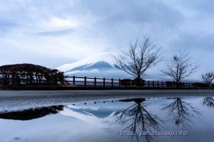 曇り空の下、水たまりの逆さ富士