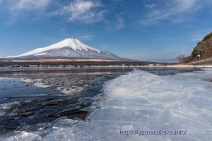 湖畔の氷と富士山