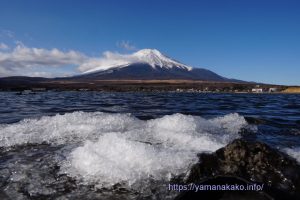 湖畔の氷と富士山