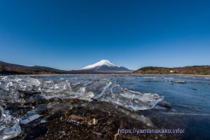 平野湖畔の氷と富士山