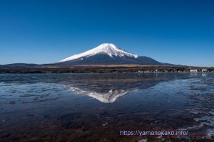 割れ氷と逆さ富士