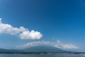 青空の下に雲を被った富士山