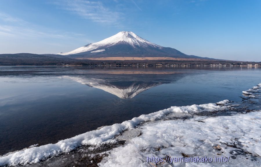 湖畔の氷と逆さ富士